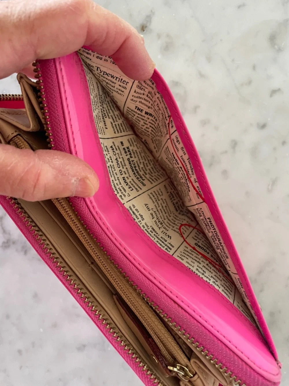 KATE SPADE Spencer Hot Pink Patent Zip-Around Wallet Newspaper Print Lining